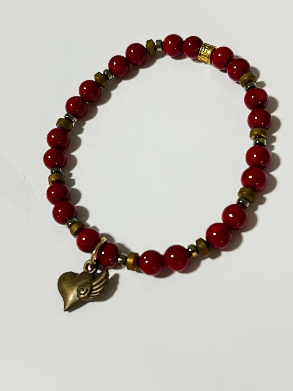 Red Heart with Angel Wing Beaded Bracelet